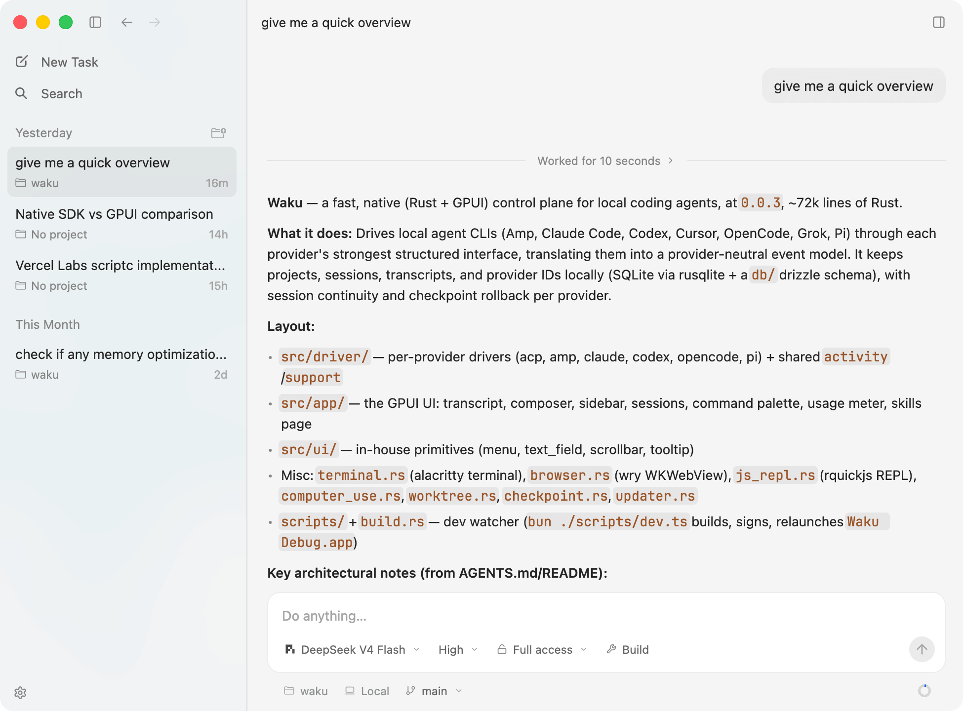 Helm showing a coding-agent session with its transcript and tool activity